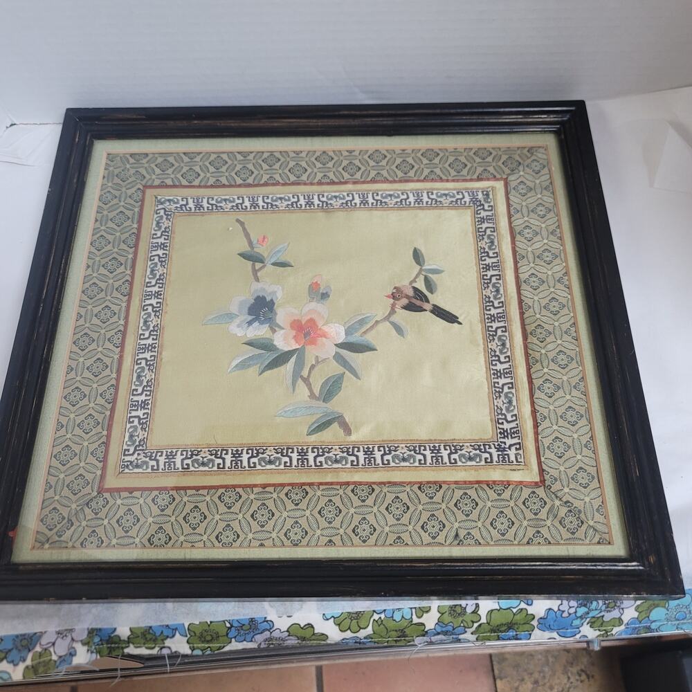 Silk Asian Wall art BIRD landscape florals outdoor wallhanging Vintage Framed